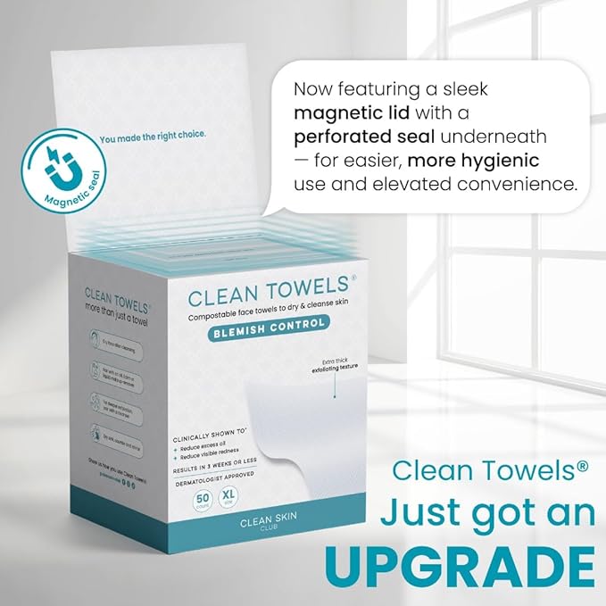 Clean Skin Club Blemish Control Clean Towels® XL, Compostable Face Towels, Light Exfoliation for Oily Skin, Eczema Association Accepted Disposable Face Towelette, Makeup Remover Dry Wipes, 50 count