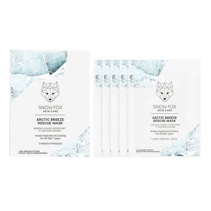 Snow Fox Arctic Breeze Rescue Sheet Mask with Peppermint & Aloe Vera – Cooling Face Mask to Calm & Revitalize Skin and Refresh after Travel – Hydrating Facial Skin Care for all Types – 5 Pack