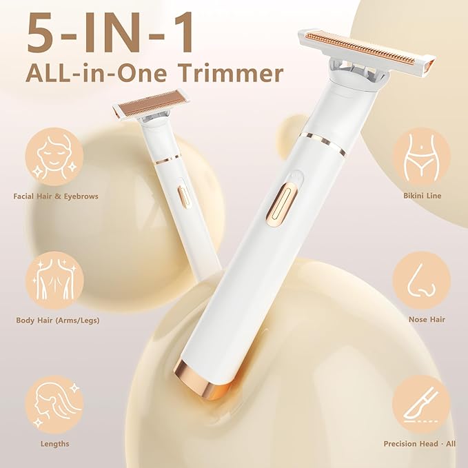 Women's 5-in-1 Electric Bikini Trimmer, USB-C Rechargeable Shaver & Trimmer for Body, Face & Nose – Painless Wet & Dry Shave (Keep Device Dry; Remove Blades for Cleaning)
