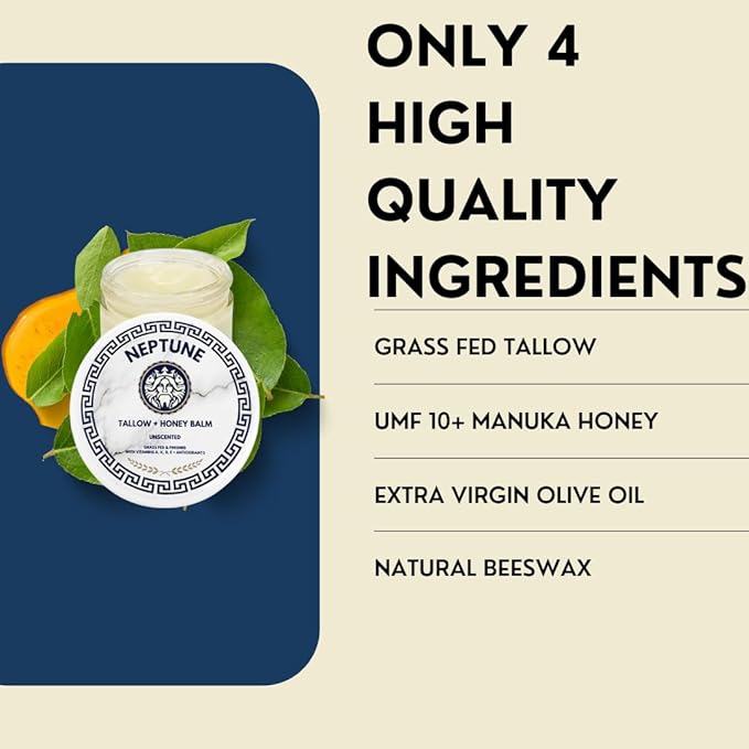 Tallow and Manuka Honey Balm, 2 oz, Unscented, Grass Fed Grass Finished, Face Cream, Body, Lotion, and Lip Balm