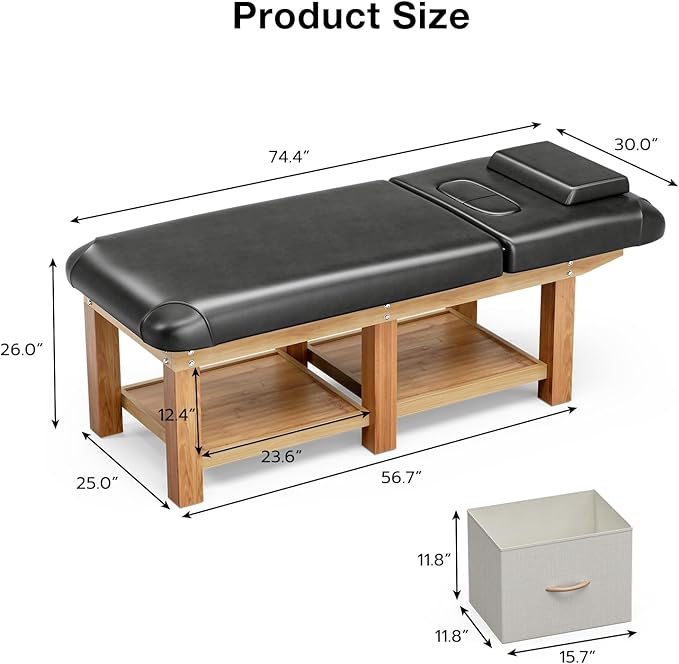 SyyBhb Professional Stationary Wooden Massage Table with Storage, Heavy Duty Spa Bed for Treatment Exam Physical Therapy Tattoo Facial Wax, Weight up to 1000lbs