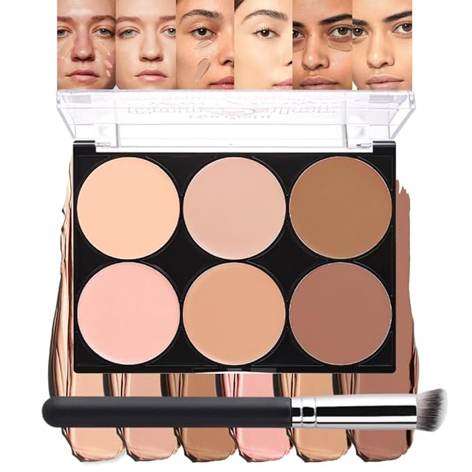 evpct 6 Colors Concealers Full Coverage Cream Contour Palette with Brush for Older Women, Under Eye Color Corrector Tri Color Pot Concealer Palette for Dark Circles Mature Skin Makeup, Waterproof, B1