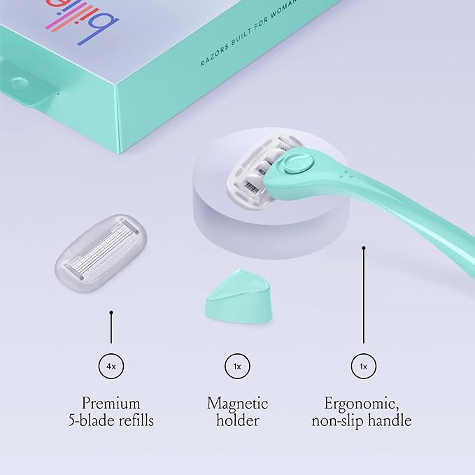 Billie Razors for Women Shave Kit – Razor + 4 x 5-Blade Razor Refills + Magnetic Holder – Minty