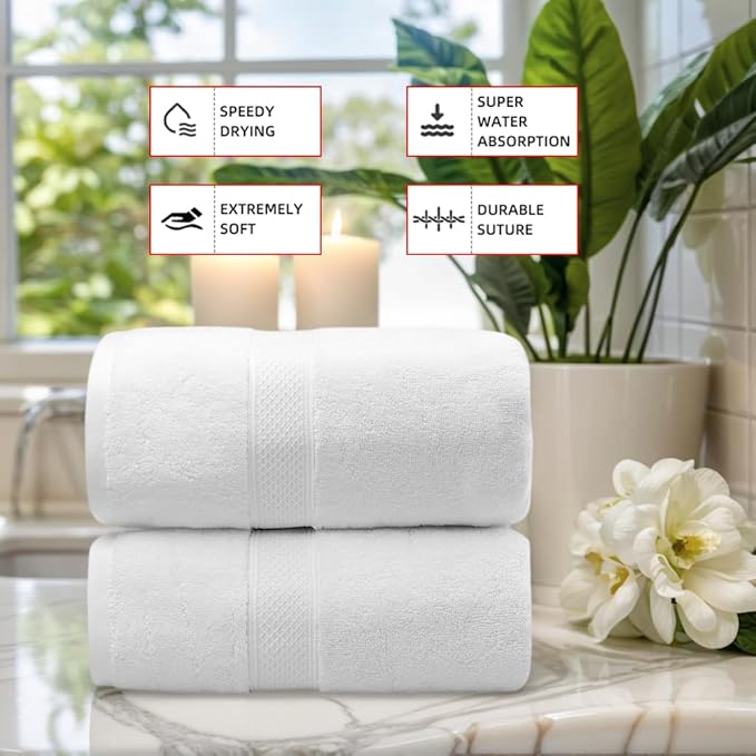 Fluffy Cotton Bath Towels Set650GSM,2-Piece Set, Thickened and Enlarged(31.5x63 inches),Super Absorbent,Soft,Suitable for Hotel, Bathroom, Swimming Pool, SPA,Gift(2, White, 31.5x63in)