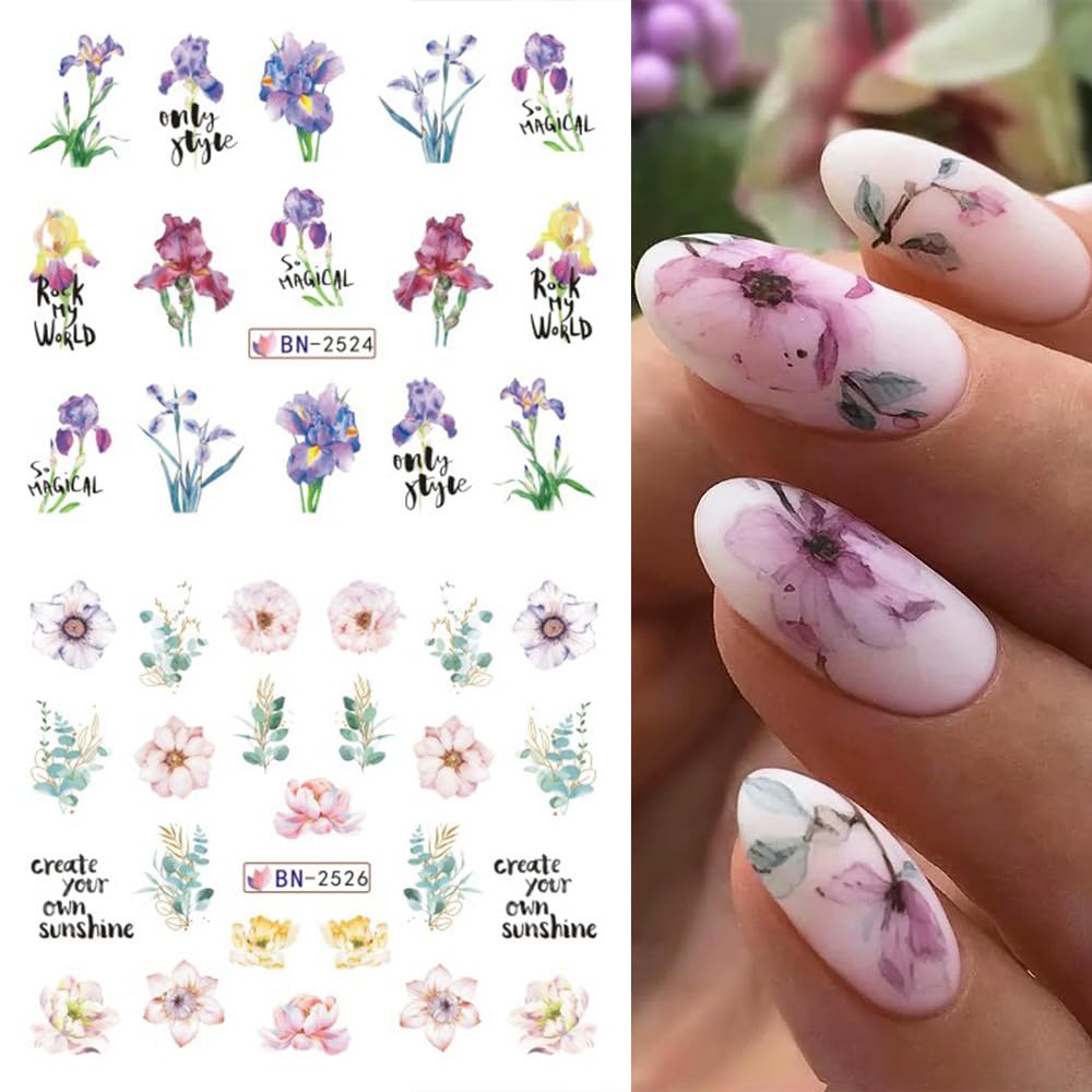 12 Sheets Flower Water Transfer Nail Stickers Purple Fresh Flower Nail Art Decals with Assorted Pattern Blossom Floral Butterfly Dragonfly DIY Nail Art supplies for Women Nail Decorations Manicure Tip