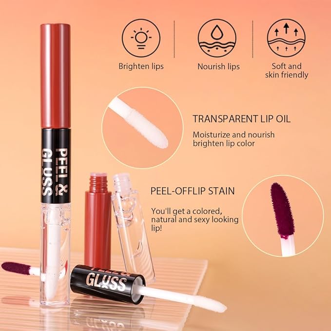 Raspberry Peach Lip Stain Peel Off Lip liner and Lip oil with Tweezer, Dual-Ended Peel Off Lip Stain Tattoo, Highly Pigmented Long Lasting Waterproof, Transfer-proof for All Skin Types, 03#