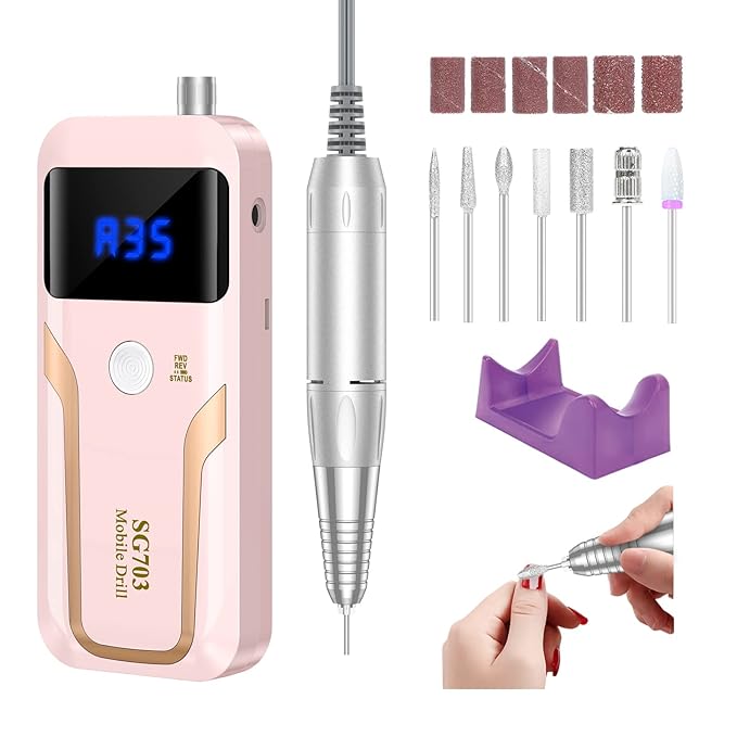 Portable Nail Drill Professional 35000 RPM, MOCOWIND Rechargeable Electric Nail File Machine E File for Acrylic Gel Polishing Removing, Cordless E-File with Bits Kit for Manicure Salon Home,Pink