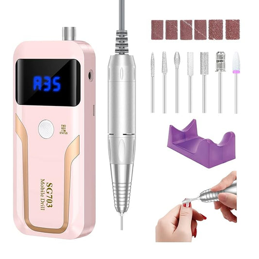 Portable Nail Drill Professional 35000 RPM, MOCOWIND Rechargeable Electric Nail File Machine E File for Acrylic Gel Polishing Removing, Cordless E-File with Bits Kit for Manicure Salon Home,Pink