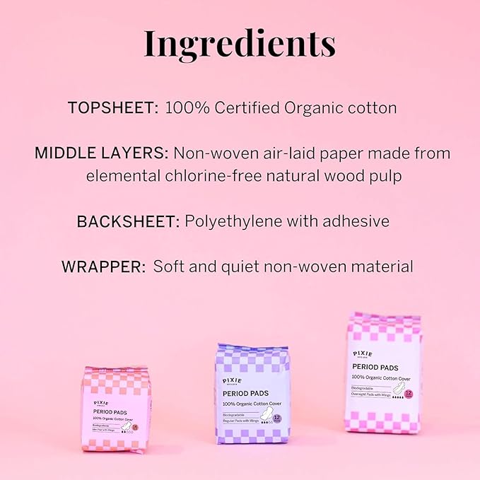 Pixie Organic Cotton Overnight Pads for Women - Extra Heavy Absorbency with Wings - Leak-Proof, Hypoallergenic & Unscented for Feminine Care - Compostable, Biodegradable - FSA Eligible - 36 Count