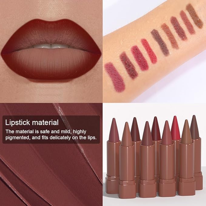 evpct Dark Wine Red Gradient Matte Lipstick Lip Liner Crayon Combo Pencil Set for Women Long Lasting Waterproof, Deep Red Matte Cream Lip Liner and Lipstick Combo Makeup, Flawless Gradual Ombre Effect