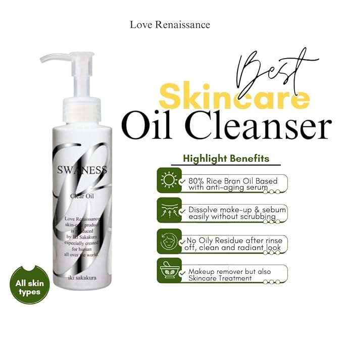 SWANESS Clear Oil, Japanese Premium Skincare Oil Cleanser – Anti-Aging Makeup Remover & Massage with Rice Power for Deep Pore Cleansing, Waterproof Mascara, Sunscreen & Radiant Skin