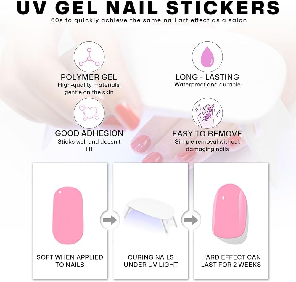 Semi Cured Gel Nail Strips with Colorful Designs Gel nail stickers Glossy Nail strips Salon Quality & Easy to Use 20 Pcs for Women