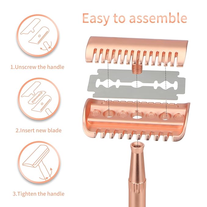 Matte Rose Gold Double Edge Safety Razor, Single Blade Razors for Women and Men, with 10 Stainless Steel Safety Razor Blades, Reusable, Smooth and Close Wet Shaving Kit, Plastic Free