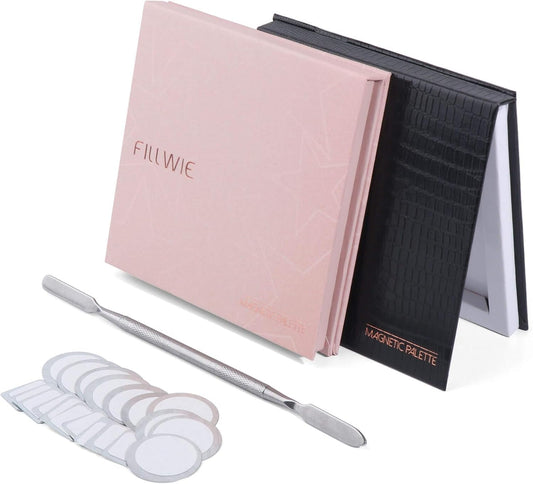 Pink&Black Magnetic Refillable Makeup Palette with Mirror – Lightweight, Durable, Travel-Ready Case for Eyeshadow, Blush, Lipstick – Includes Spatula & 20 Stickers – Small, Waterproof Paperboard