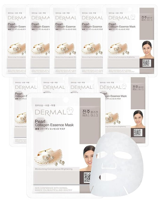 DERMAL Pearl Collagen Essence Facial Mask Sheet 23g Pack of 10 - Clarify Skin, Skin Smooth, Daily Skin Treatment Solution Sheet Mask