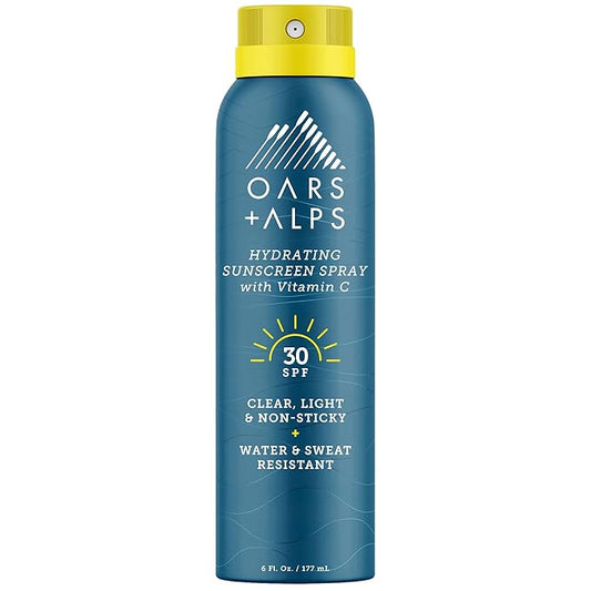 Oars + Alps Hydrating SPF 30 Sunscreen Spray, Naturally Derived Skin Care Infused with Vitamin C and Antioxidants, Water and Sweat Resistant, 6 Oz, 1 Pack