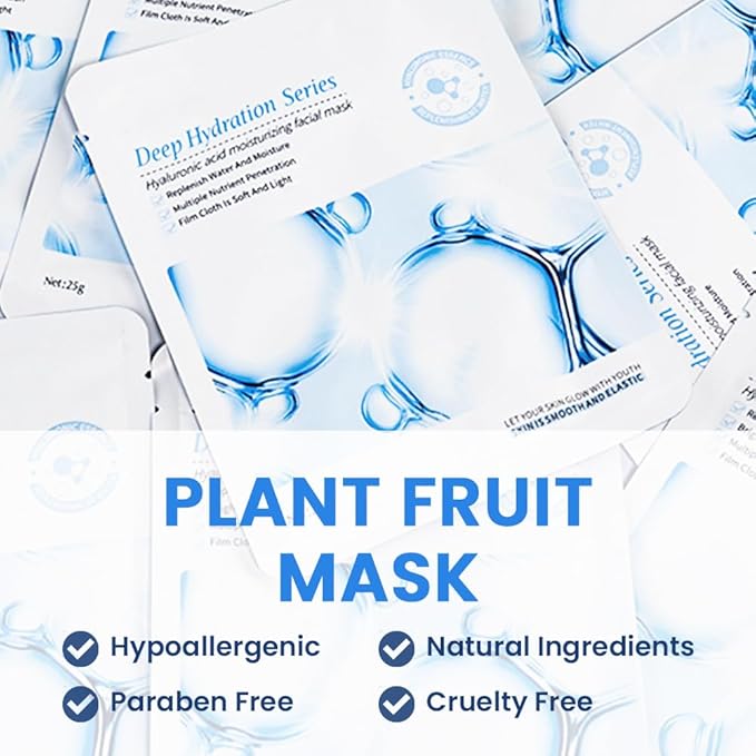 Kaely 10 Pack Hyaluronic Acid Masks, Hydrating Smoothing Face Masks for Women Men, Facial Mask Skin Care Korean, Moisturize Nourish for All Skin Types, Birthday Christmas Gifts, Set04