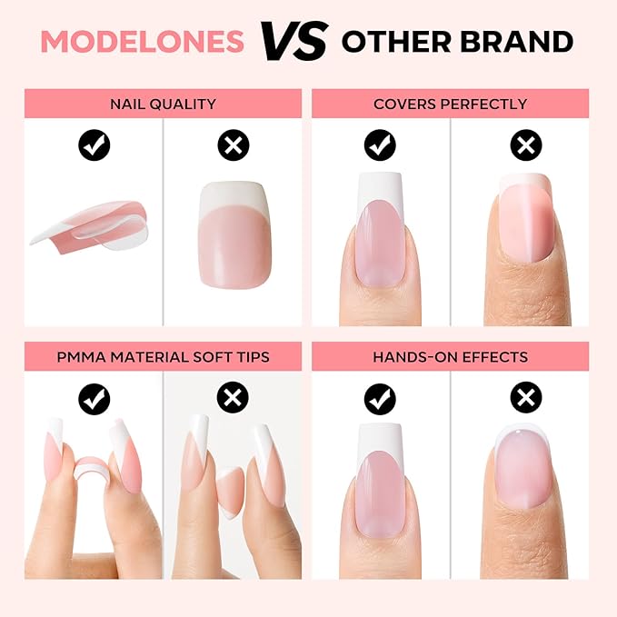 modelones French Tip Press on Nails, 150Pcs Long Square Fake Nails with Nail Box, Pink & White Gel Nail Tips for Women, Soft Glue-On Nails for Natural Salon Look, DIY Nail Art Kit (15 Sizes)