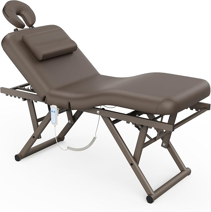 Dolonm Height Adjustable Massage Table with Face Pillow & Headrest for Treatment Table, Physical Therapy Table, Spa Facial Professional Massage Bed - Adjustable Backrest, Electric Leg Lifting, Brown