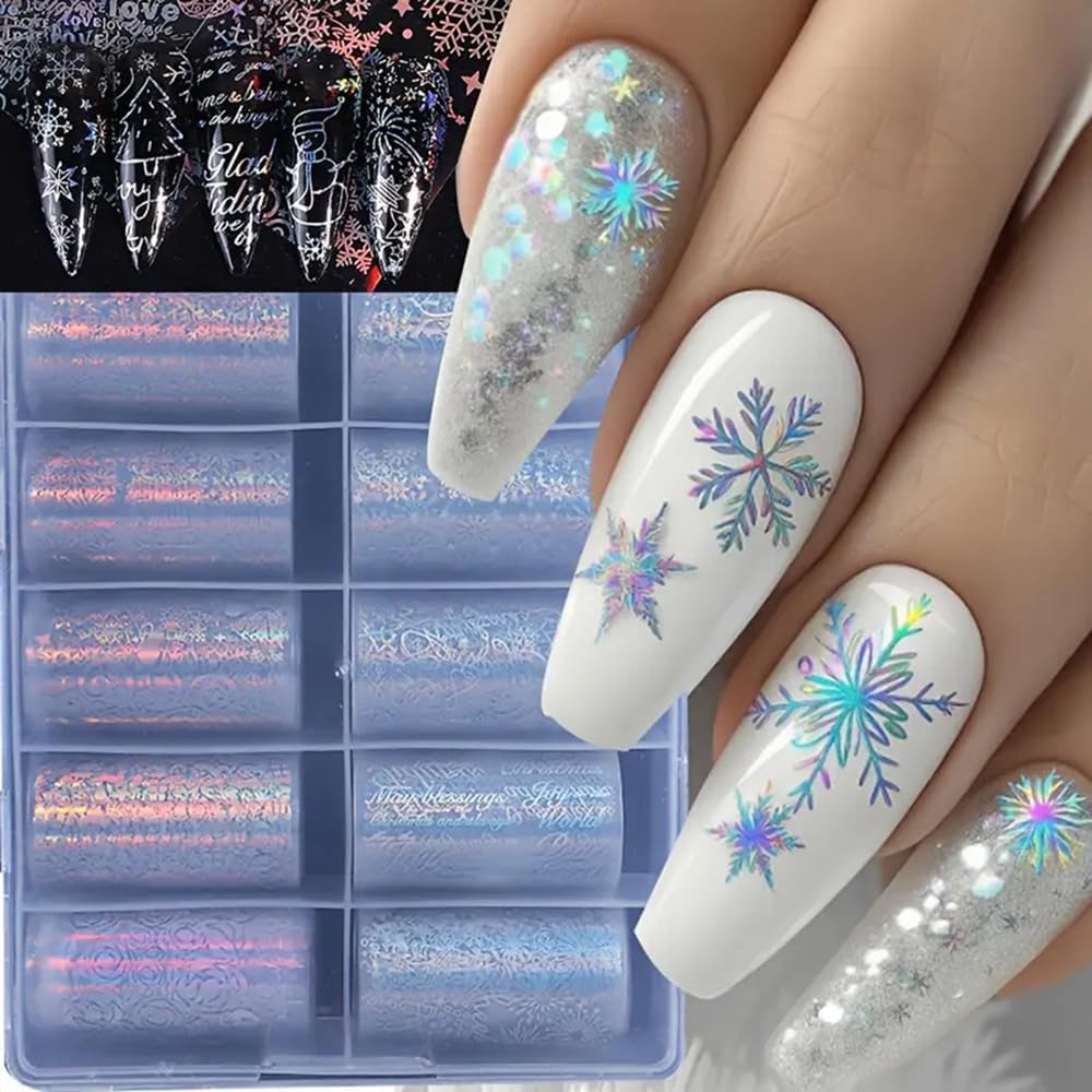 1Box 10 Rolls Laser Silvery Snowflake Nail Art Transfer Stickers 3D Christmas Tree Snowman ELK Starry Sky Paper Decals Rose Letter Gift Manicure Supplies Christmas Nail Foil Transfer Stickers Decals