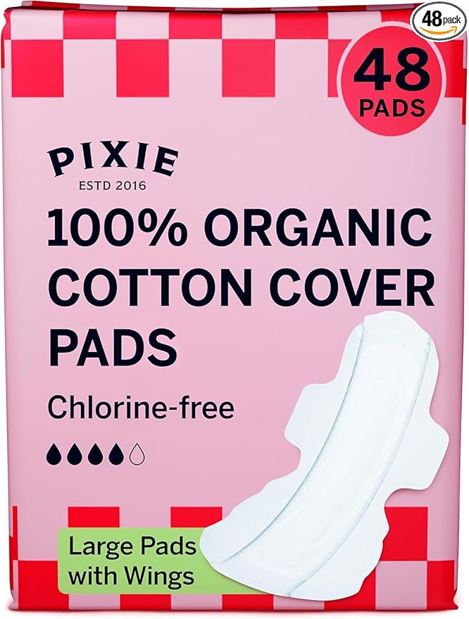 Pixie Organic Cotton Large Pads for Women - Extra Heavy Absorbency with Wings - Leak-Proof, Hypoallergenic & Unscented for Feminine Care - Compostable, Biodegradable - 48 Count