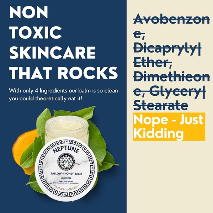 Tallow and Manuka Honey Balm, 2 oz, Unscented, Grass Fed Grass Finished, Face Cream, Body, Lotion, and Lip Balm