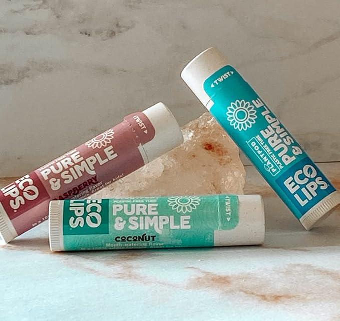 Eco Lips - Pure & Simple Raspberry, Coconut and Vanilla Organic Lip Balm 9-Pack (0.15 oz.) - 100% Natural. 100% Plastic-Free Plant Pod Packaging. Made in USA