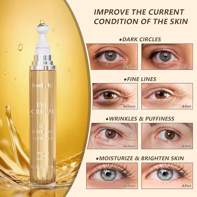 Soulight 5% Caffeine Eye Serum for Dark Circles, Eye Cream Anti Aging Puffiness & Wrinkles - Brightening Under Eyes Treatment with Hyaluronic Acid & Niacinamide - Hydrating & Firming