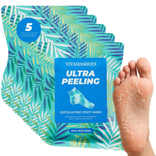 Vitamasques Foot Peeling Mask - 5 Pairs Professional Korean Exfoliating Foot Mask for Dry Cracked Feet & Callus Removal, Feet Peeling Masks that Remove Dead Skin for Soft Heels with AHA BHA PHA