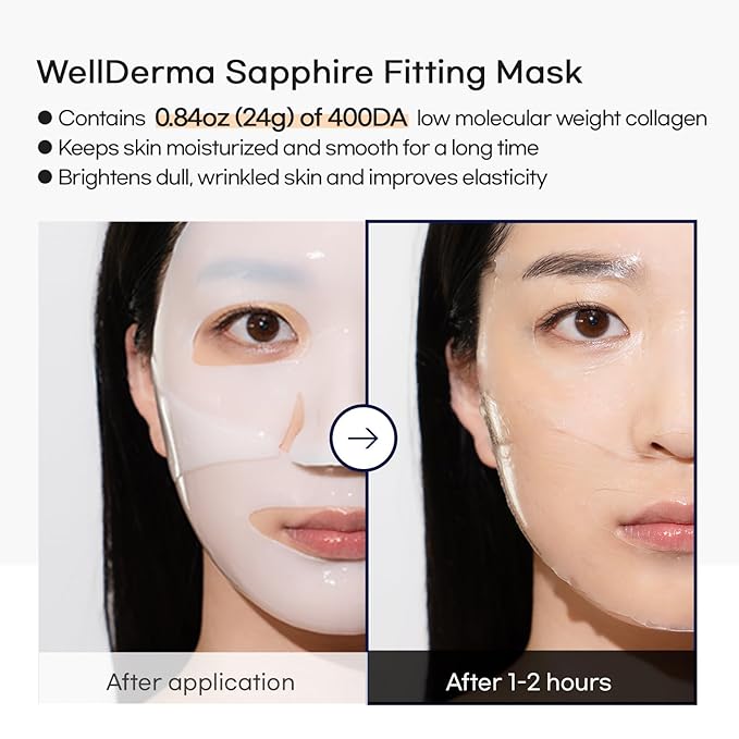 WELLDERMA Sapphire Collagen Face Mask Premium Impact Fitting Overnight Face Mask 16EA-Korean Face Sheet Mask for all skin type-Hydrating facial mask sheets-Patented Structure Hydrogel Type-Niacinamide