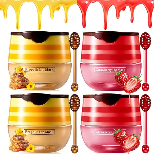 4 PCS Honey Lip Balm Pot, Honey & Strawberry Lip Sleeping Mask Vitamin E & Moisturizing Propolis Lip Balm with Stick, Prevention Dry and Cracked Lip Scrubs Exfoliator Lip Wrinkle