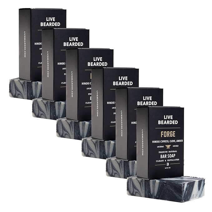 Live Bearded All-Natural Bar Soap for Men, 6-Pack of 5 oz - Made in the USA - Exfoliates and Moisturizes - Charcoal, Pumice, Shea Butter | Forge Scent - Hinoki Cypress, Clove, Amber