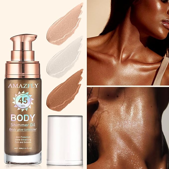 Shimmer Body Oil, SPF 45 Broad Spectrum, Sunscreen Face and Liquid Luminizer Waterproof Moisturizing, Light Shimmer Glow Illuminator, Smooth Body Highlighter Makeup (#03 Glistening Bronze)