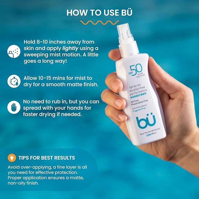 BU SPF 50 Sunscreen Spray for Face and Body, Fragrance Free, Clear Non Aeorsol, Non Greasy and Water Resistant (2-pack)