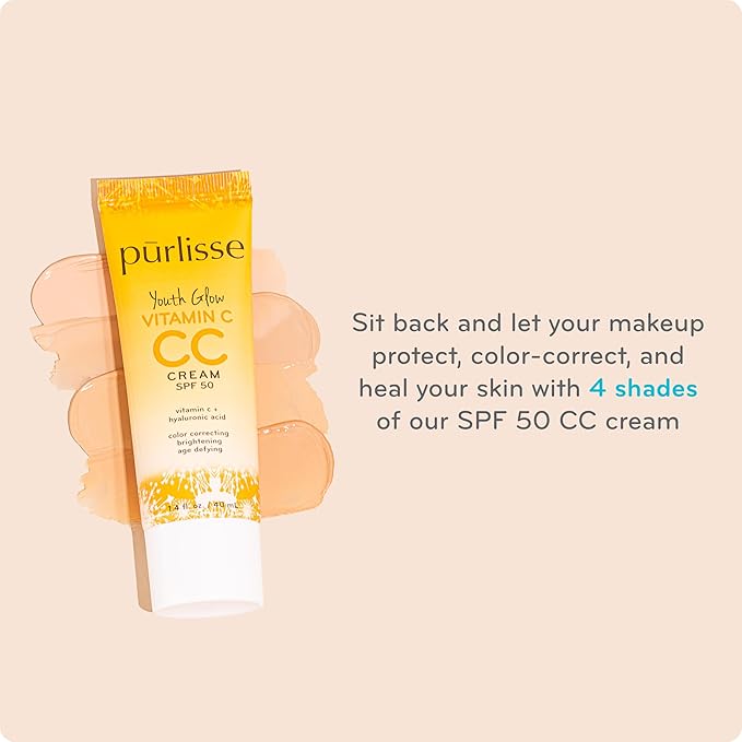 pürlisse Youth Glow Vitamin C CC Cream with SPF 50 - Color Corrector Enriched with Sea Buckthorn, Vitamin C & Hyaluronic Acid - Boosts Radiance & Youthfulness - Paraben-Free - Fair (1.4 oz)