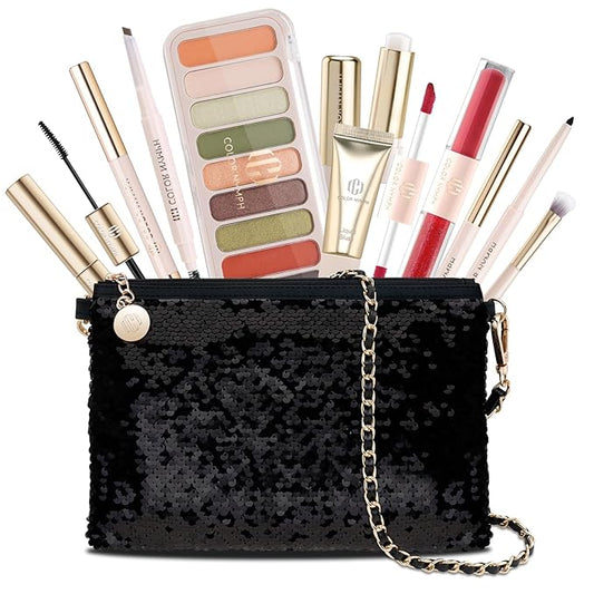 Color Nymph Teen Girls Makeup Kits, All In One Makeup kit For Girls Makeup For Teen Girls with Sequin Bag Packed Individually 9 Colors Eyeshadow Liquid Blush Lip gloss Mascara -Orange Green