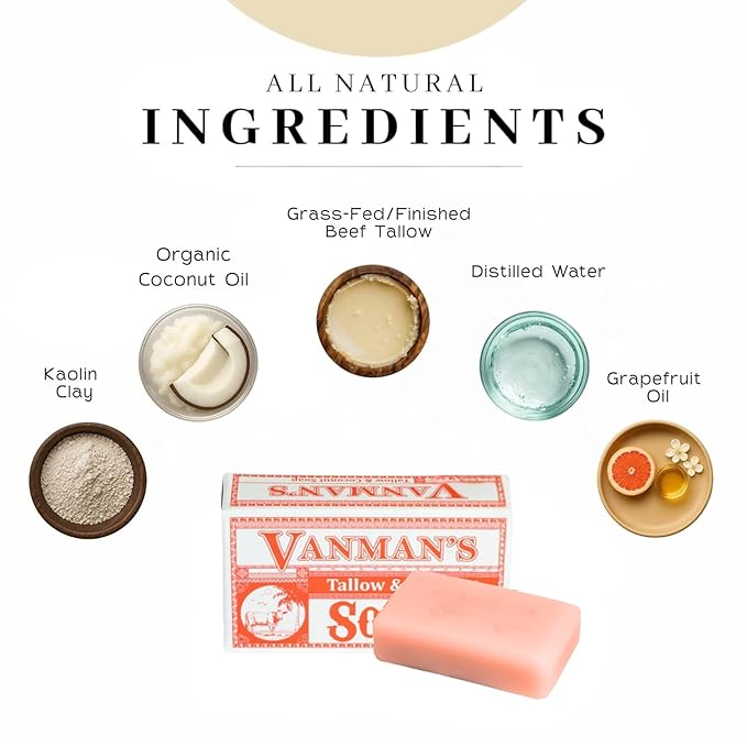 VanMan Beef Tallow and Coconut Oil Bar Soap – Pure Grass-Fed Beef Tallow Soap with Coconut Oil & Kaolin Clay, Subtle Grapefruit Scent, Hydrating & Nourishing, Clean Ingredients, 3.8oz - 5 Pack