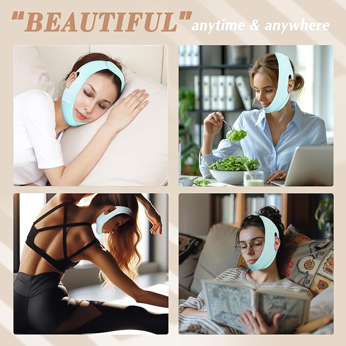 Reusable V Line Lifting Mask with Chin Strap, V Shaped Face Mask for Sagging, Jaw Exerciser (Light Blue)