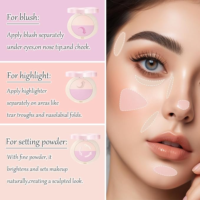 Pink Setting Powder, 3 in 1 Blush Palette with Puff, Highlighter Palette, Fine Texture Blush Pressed Powder, Setting Powder Makeup, Korea Makeup - Pink