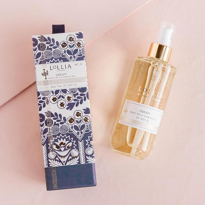 LOLLIA Dream Dry Body Oil, 6.8 Fl. Oz. – White Tea & Honeysuckle – Women’s, Scented, Moisturizing, Dry Body Oil for Women, For All Skin Types