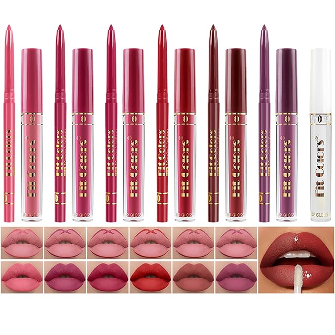 6 Colors Liquid Lipstick + Lip Liner Pen Makeup Set, Super Stay Matte Finish Lip Stain and Define Lip Liner Pencil Gift Set for Women, Longwear, Waterproof, 1PC Lip Glow Oil Include