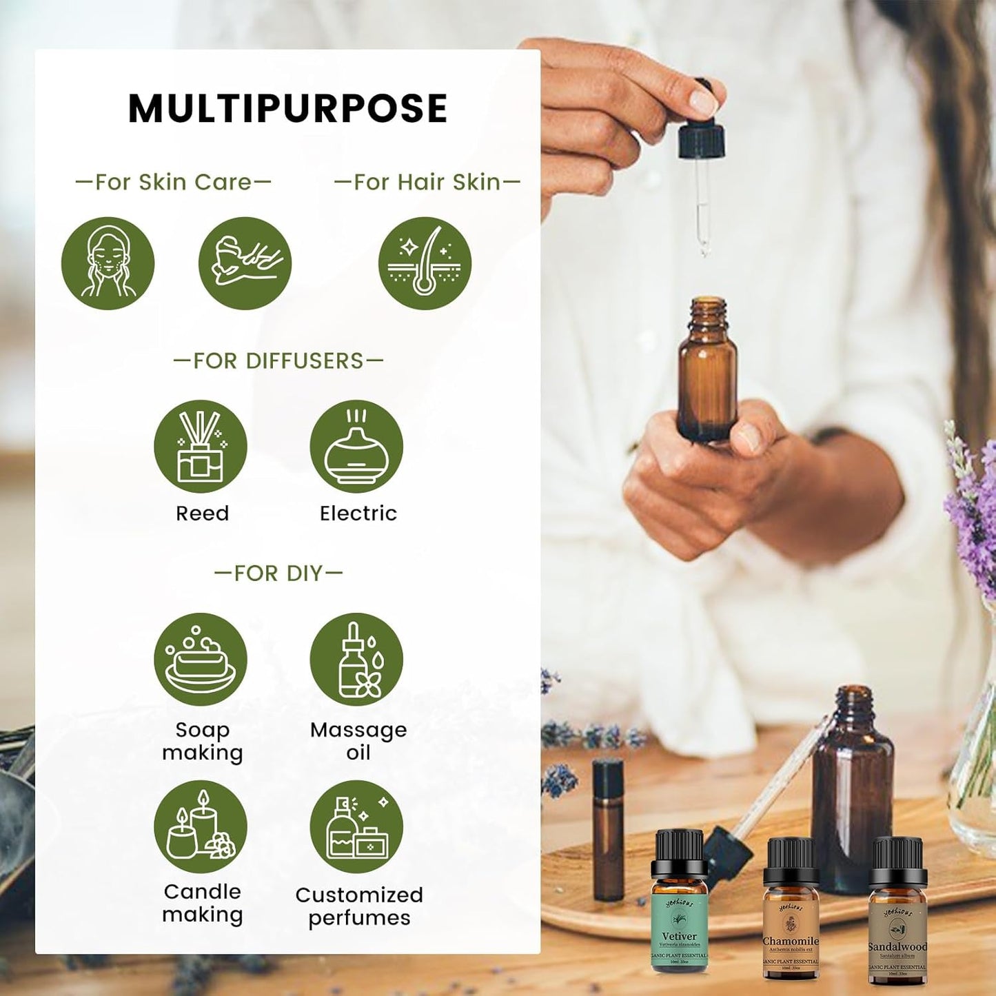 Yethious Chamomile Sandalwood Vetiver Essential Oil Set Organic 100% Pure Aromatherapy Oils for Diffuser