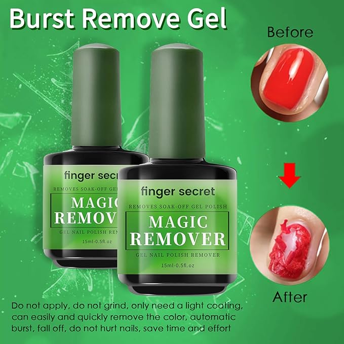 Gel Nail Polish Remover Kit, Fast Efficient Gel Polish Remover for Tough Gel, No Damage to nails Remove Soak Off Nail Gel Polish Portable Magic remover 2 Pack -0.5oz