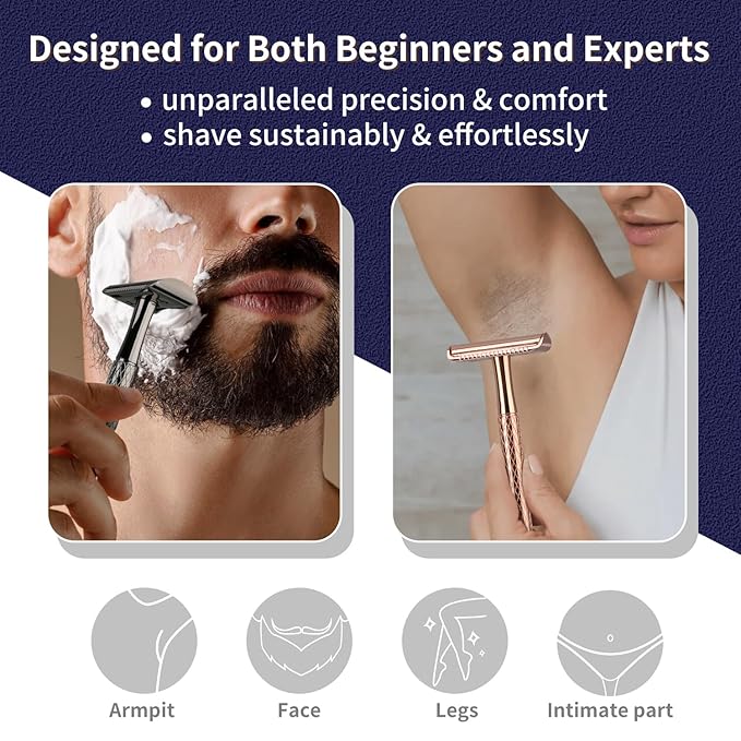 Shiny Silver Double Edge Safety Razor, Single Blade Razors for Men and Women, with 10 Stainless Steel Safety Razor Blades, Reusable, Smooth and Close Wet Shaving Kit, Plastic Free