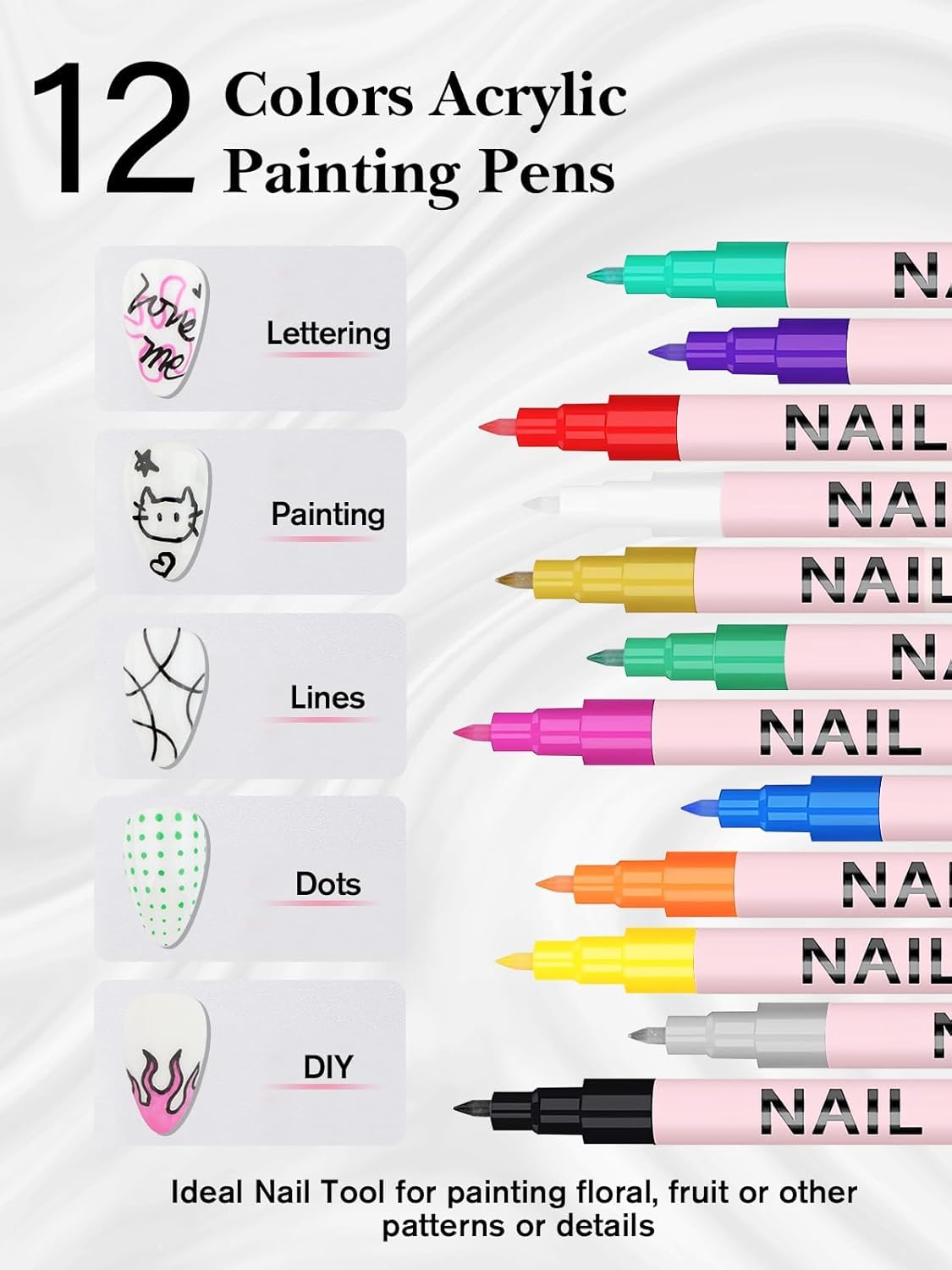 EBANKU Nail Art Pens Quick-Drying, 3D 12 Colors 0.7MM Nail Polish Pens Set Nail Art Drawing Pen Acrylic Paint Nail Point Dotting Liner Pen Tools for Home DIY Salon Nail