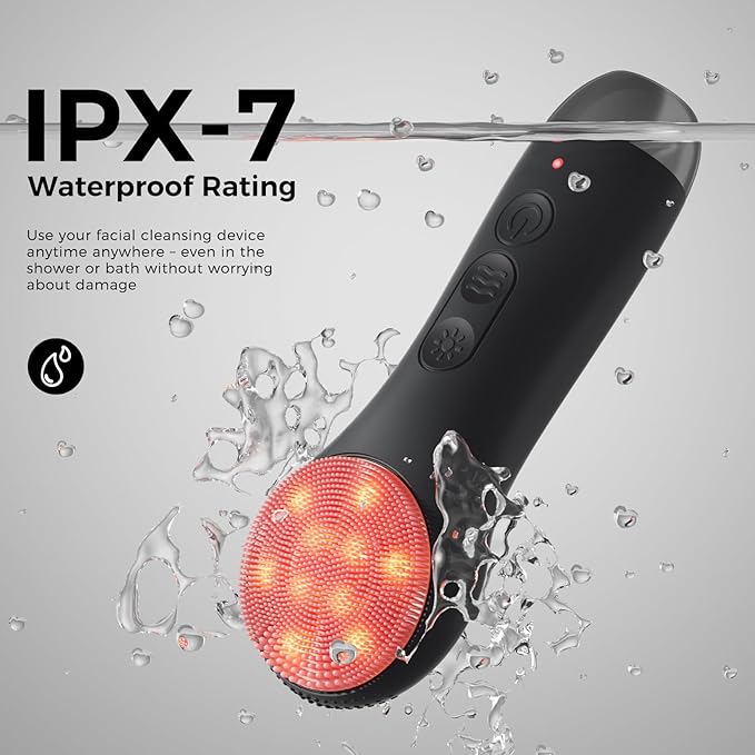 Facial Cleansing Brush: Rechargeable LED Electric Face Cleansing Brush with 4 Gentle Light Liquid Silicone Modes Face Scrubber Exfoliator,IPX7 Waterproof Ideal Gift for Men and Women-Black