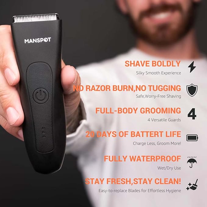 MANSPOT Manscape Groin & Body Hair Trimmer for Men, Electric Ball Pubic Trimmer Shaver,Manscape Kit with 4 Guard,Replaceable Ceramic Blade Heads,Waterproof Wet/Dry Shaver,90 Minutes Shaving