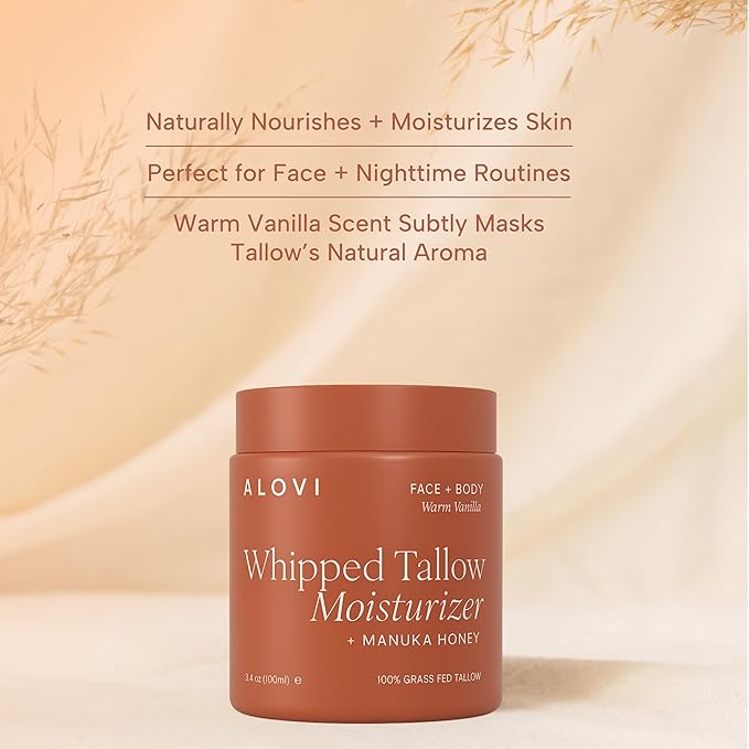 Whipped Tallow Moisturizer, Grass Fed Beef Tallow for Skin, Tallow Face Moisturizer, Beef Tallow and Honey Balm for Face & Body, Infused with Manuka Honey, Calendula & Almond Oil, Warm Vanilla Scent