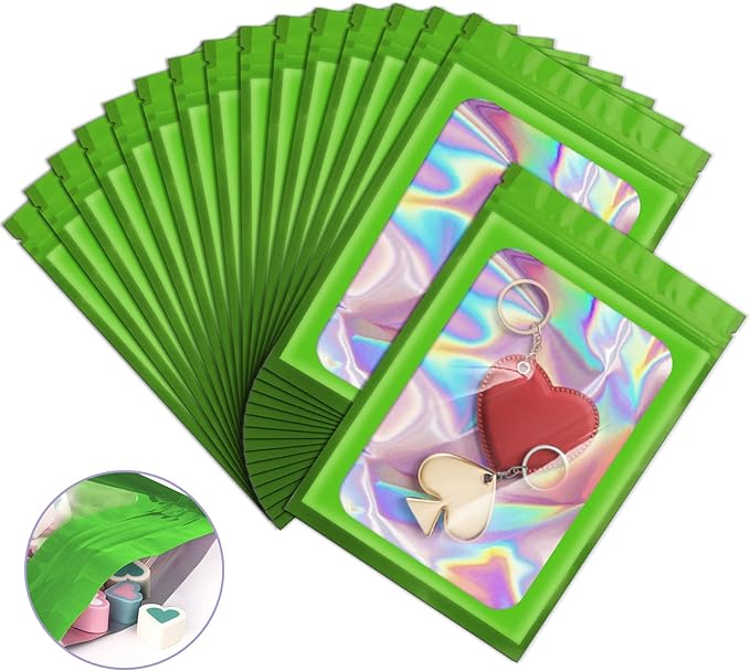 100 Pack Holographic Bags,Smell Proof Packaging Bags, Clear Window Resealable Odor Foil Pouch Mylar Bags for Food Storage and Lipgloss, Jewelry Lash(Green, 2.4 x 3.9 Inch)
