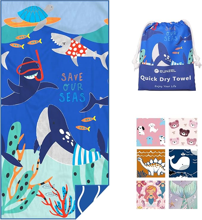 Eunzel Microfiber Kids Beach Towel, Quick Dry Towels for Girls & Boys Sand Free Travel Towel for Beach, Camping, Swim Pool 60"x30"，Sea Friends